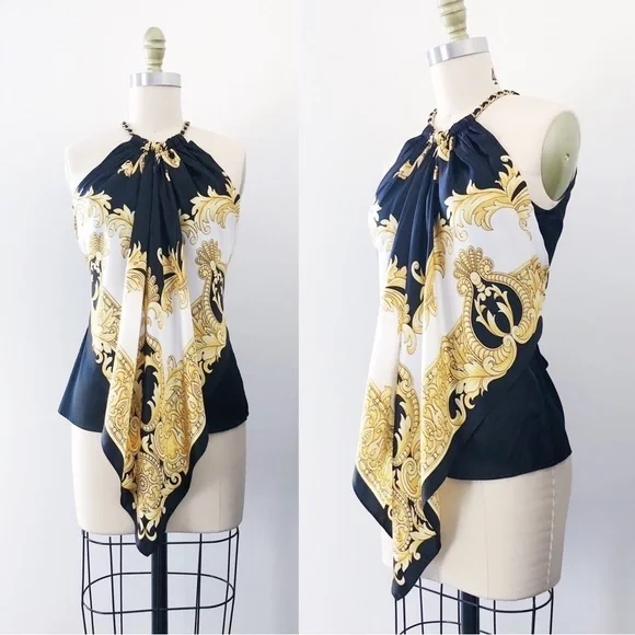 Cache • vintage silk scarf top halter neck chain black white gold versace - Picture 1 of 12